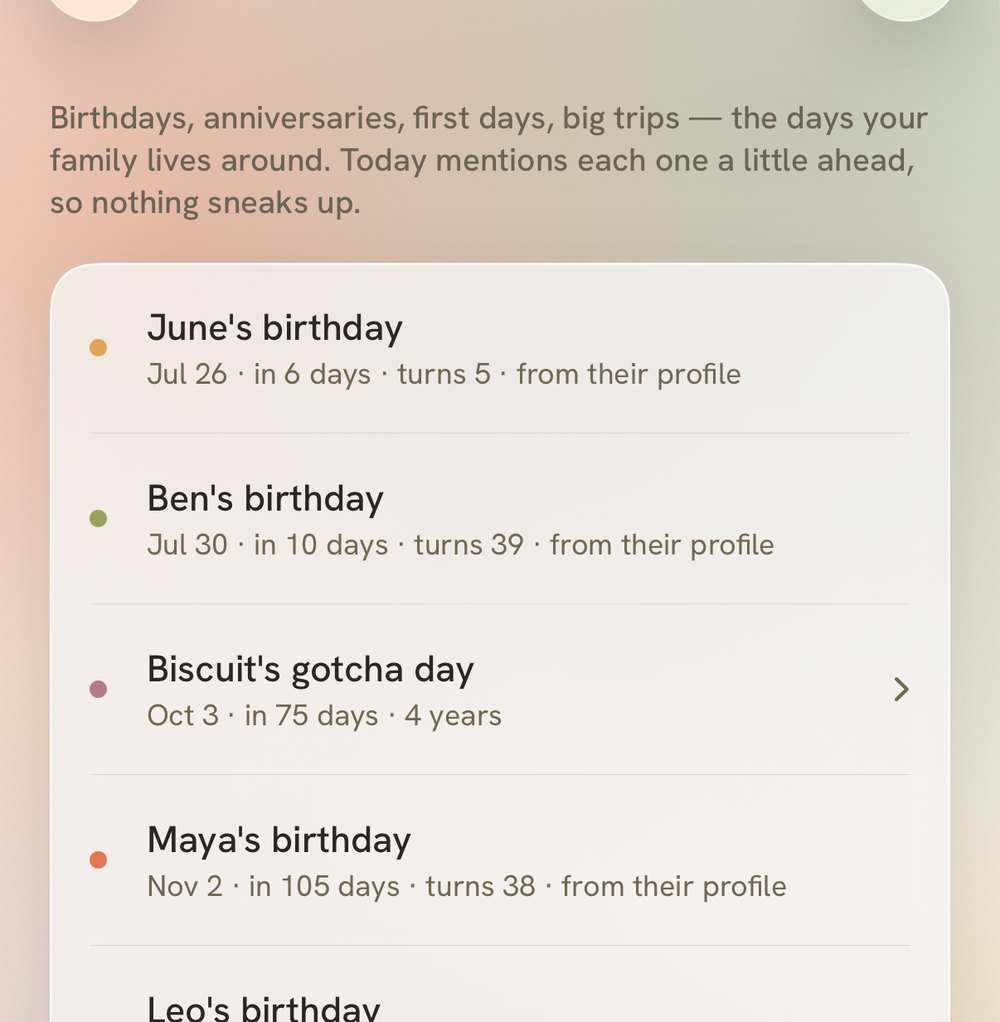 Days that matter in Tend: June turns five in six days, then birthdays and an anniversary