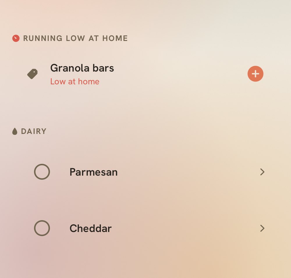 Tend's shopping list: granola bars flagged as running low at home, then the dairy aisle