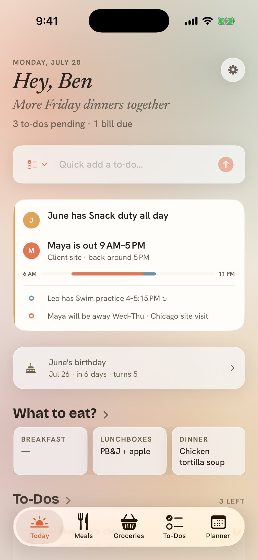 Tend's Today screen: who's out this morning, a birthday coming up, tonight's dinner and what's left to do